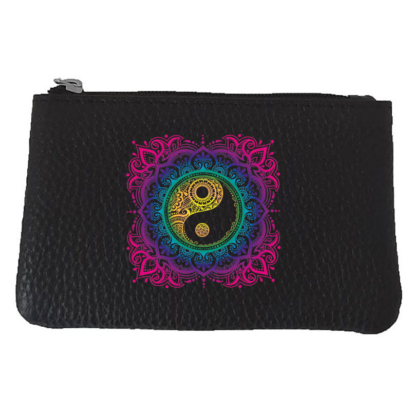 Petit Porte monnaie avec porte clés en Cuir noir pour femme personnalisé Mandala Ying Yang