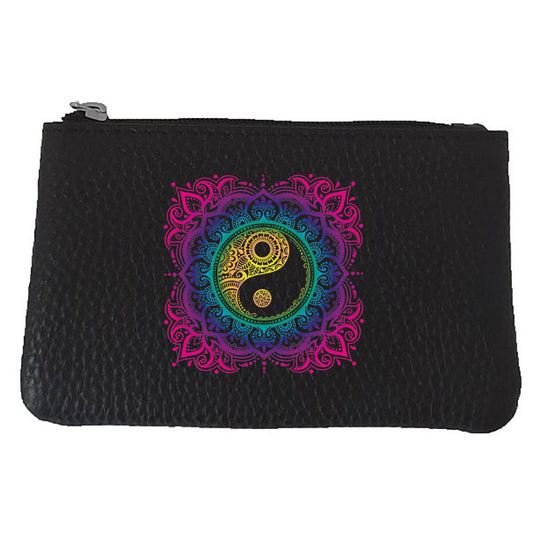 Petit Porte monnaie avec porte clés en Cuir noir pour femme personnalisé Mandala Ying Yang