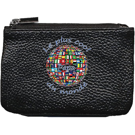Petit Porte monnaie avec porte clés  en Cuir noir pour Homme Papa Cool fête des pères