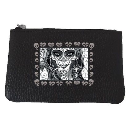 Petit porte monnaie avec porte clés en Cuir noir pour Homme - Mexicaine Tête de Mort