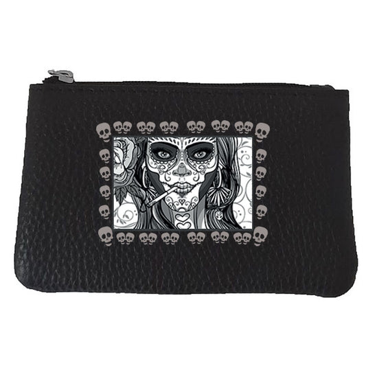 Petit porte monnaie avec porte clés en Cuir noir pour Homme - Mexicaine Tête de Mort