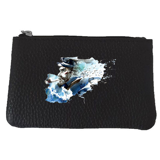 Petit porte monnaie avec porte clés en Cuir noir personnalisé Mer