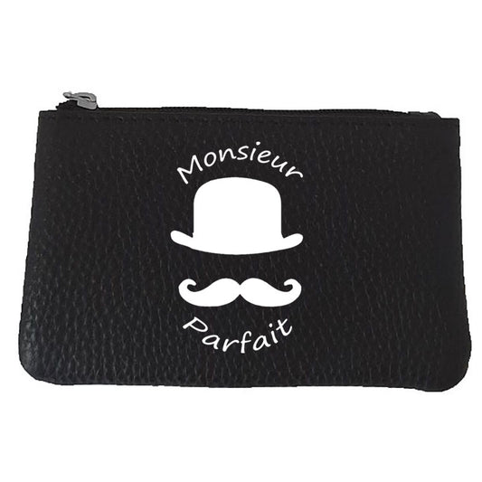 Petit porte monnaie avec porte clés en Cuir noir personnalisé Monsieur Parfait
