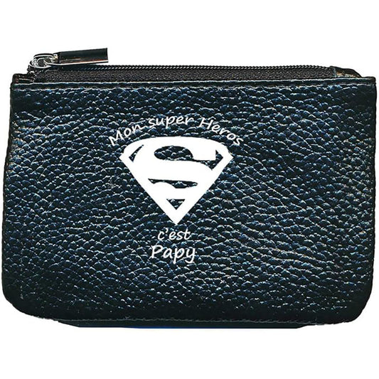 Petit Porte monnaie avec porte clés en Cuir noir pour Homme Super Papy Grand-père