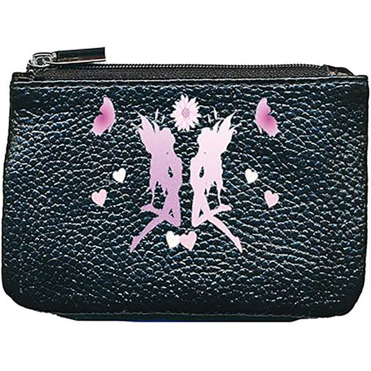 Petit Porte monnaie avec porte clés en Cuir noir pour femme personnalisé Fée