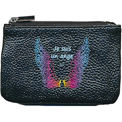 Petit Porte monnaie avec porte clés en Cuir noir pour femme personnalisé Je suis un ange