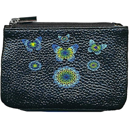 Petit Porte monnaie avec porte clés en Cuir noir pour femme personnalisé Mandala bleu vert
