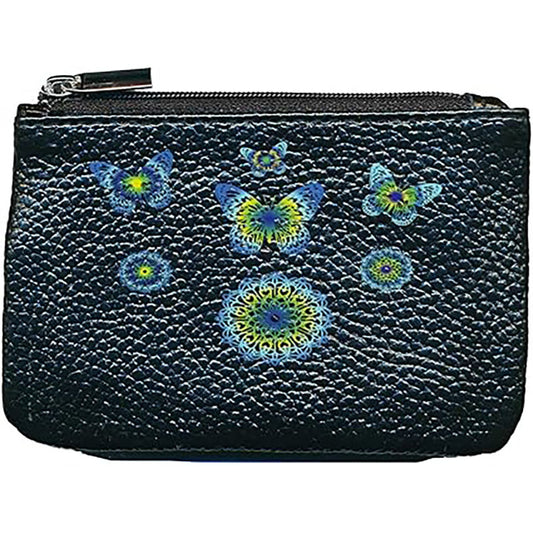 Petit Porte monnaie avec porte clés en Cuir noir pour femme personnalisé Mandala bleu vert