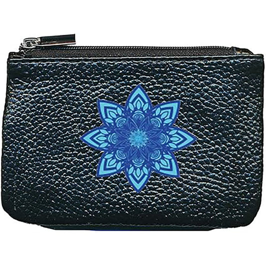 Petit Porte monnaie avec porte clés en Cuir noir pour femme personnalisé Mandala Zen