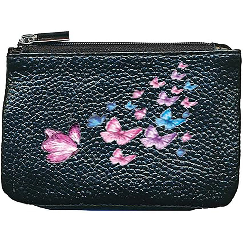 Petit Porte monnaie avec porte clés en Cuir noir pour femme personnalisé Multi Papillon