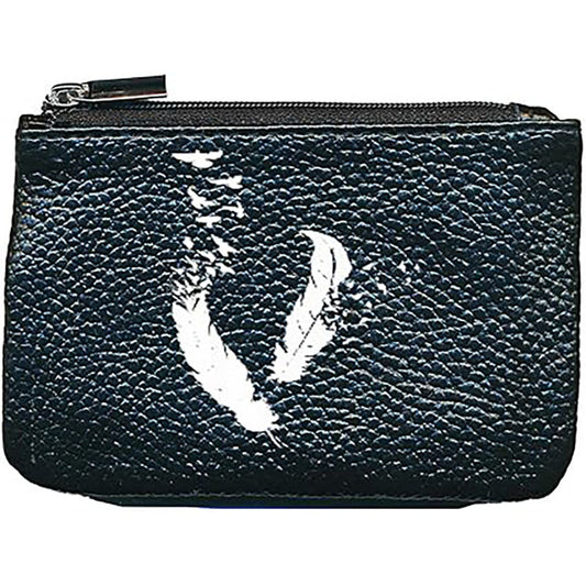 Petit Porte monnaie avec porte clés en Cuir noir pour femme personnalisé Plume Blanche