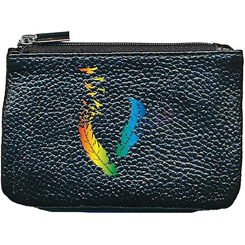 Petit Porte monnaie avec porte clés en Cuir noir pour femme personnalisé Plume Color
