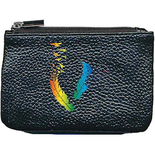 Petit Porte monnaie avec porte clés en Cuir noir pour femme personnalisé Plume Color