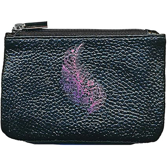 Petit Porte monnaie avec porte clés en Cuir noir pour femme personnalisé Plume Mauve