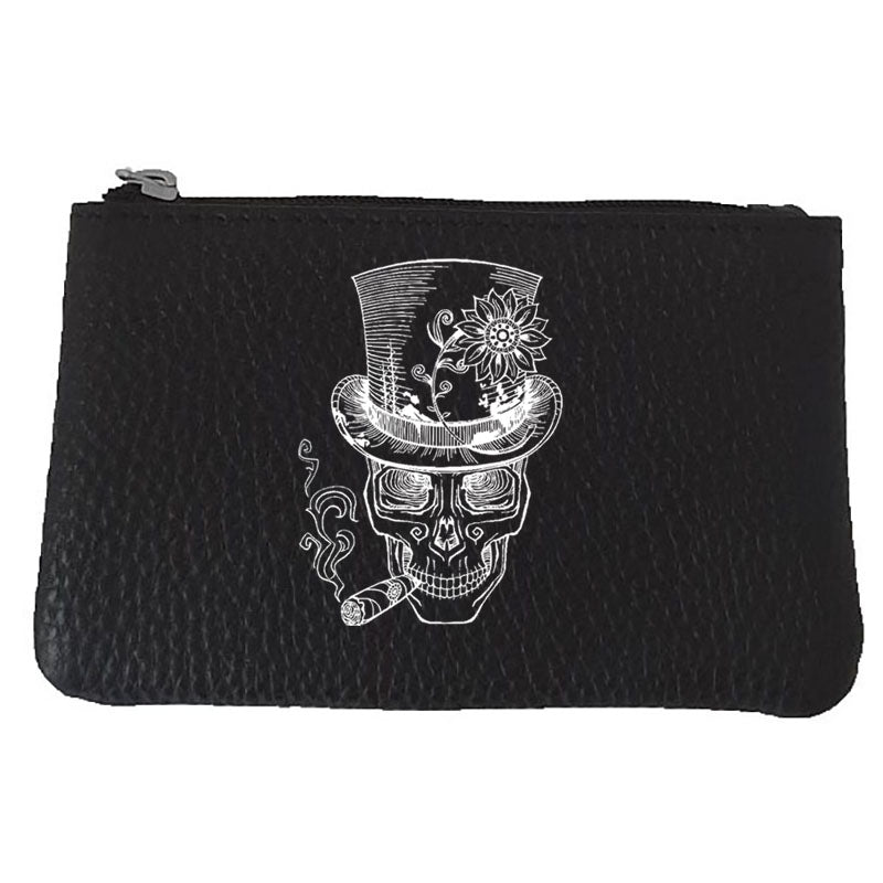 Petit porte monnaie avec porte clés en Cuir noir pour Homme - Cigare Tête de mort