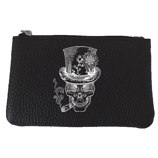 Petit porte monnaie avec porte clés en Cuir noir pour Homme - Cigare Tête de mort