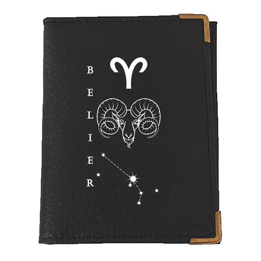 Etui porte carte bancaire et fidélité en Cuir noir personnalisé signe astrologique