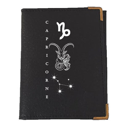 Etui porte carte bancaire et fidélité en Cuir noir personnalisé signe astrologique