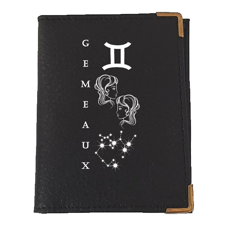Etui porte carte bancaire et fidélité en Cuir noir personnalisé signe astrologique