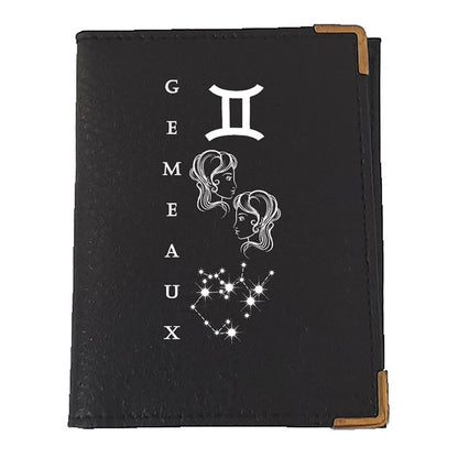 Etui porte carte bancaire et fidélité en Cuir noir personnalisé signe astrologique