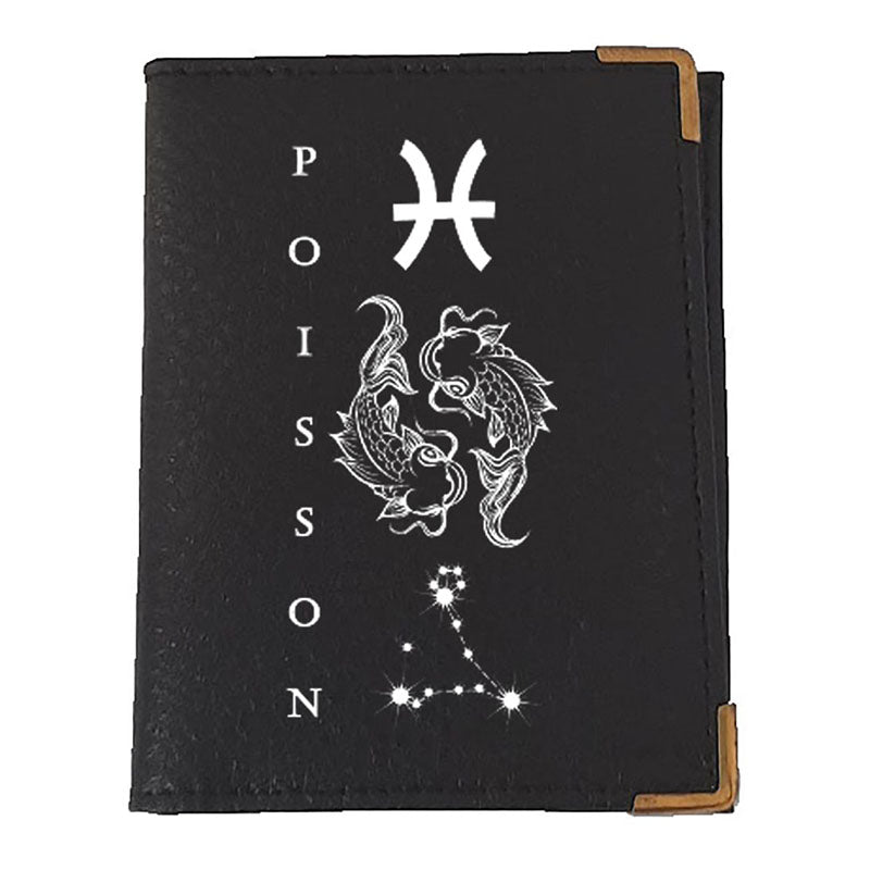 Etui porte carte bancaire et fidélité en Cuir noir personnalisé signe astrologique