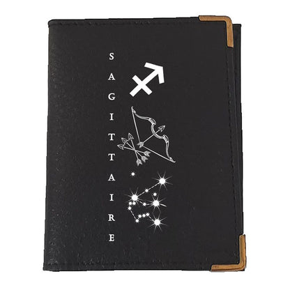 Etui porte carte bancaire et fidélité en Cuir noir personnalisé signe astrologique