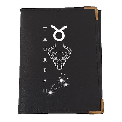 Etui porte carte bancaire et fidélité en Cuir noir personnalisé signe astrologique