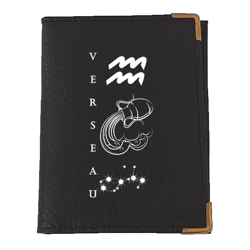 Etui porte carte bancaire et fidélité en Cuir noir personnalisé signe astrologique