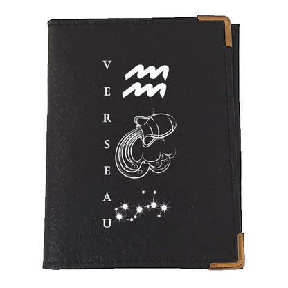 Etui porte carte bancaire et fidélité en Cuir noir personnalisé signe astrologique