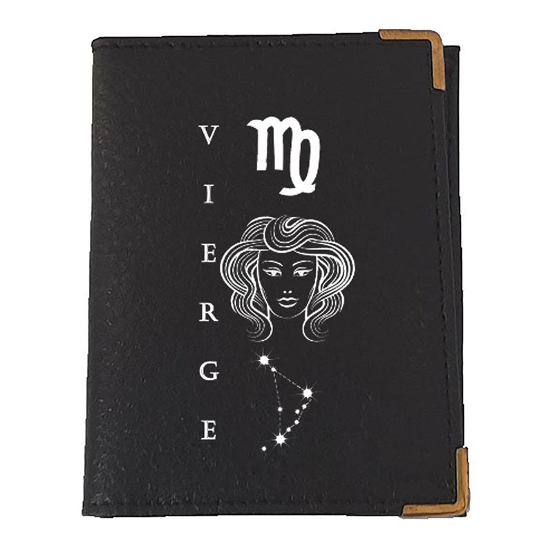Etui porte carte bancaire et fidélité en Cuir noir personnalisé signe astrologique