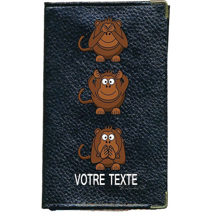 Porte Carte Grise en Cuir noir unisexe personnalisé Singes de la sagesse