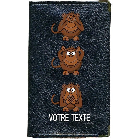 Porte Carte Grise en Cuir noir unisexe personnalisé Singes de la sagesse