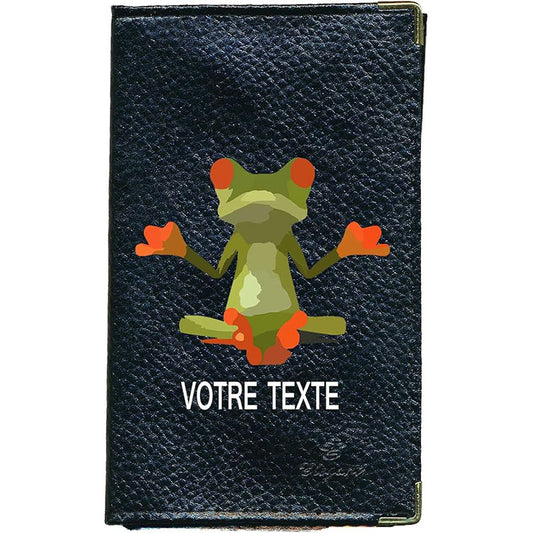 Porte Carte Grise en Cuir noir pour femme ou homme personnalisé Grenouille Zen