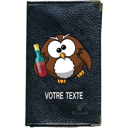 Porte Carte Grise en Cuir noir unisexe personnalisé Hibou bouteille