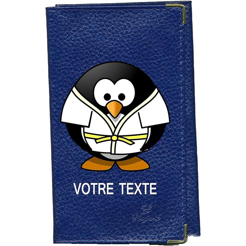 Porte Carte Grise en Cuir bleu personnalisé Pingouin Judo