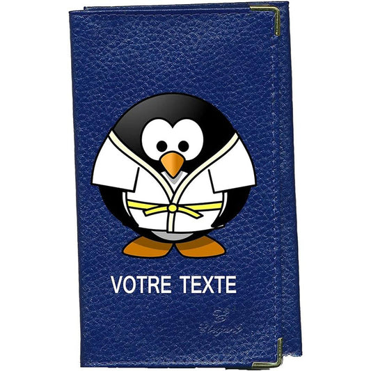 Porte Carte Grise en Cuir bleu personnalisé Pingouin Judo