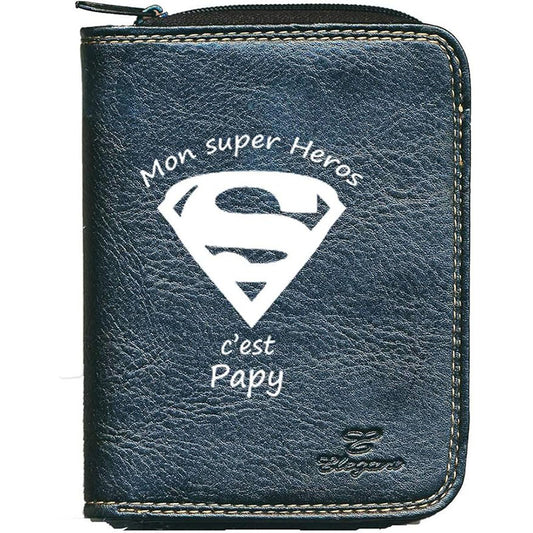 Porte monnaie et carte noir en Simili Cuir Homme personnalisé Super Papy Grand Père