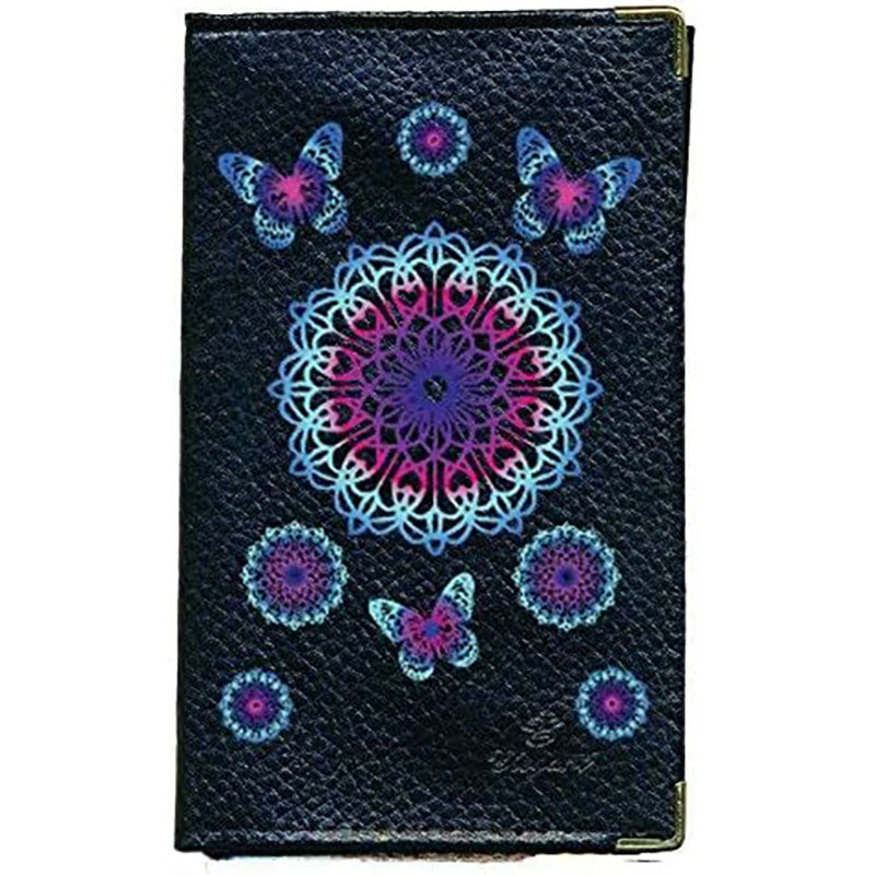 Porte Carte Grise en Cuir noir pour femme Mandala Bleu rose