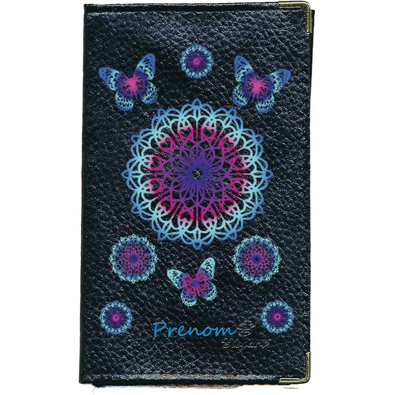Porte Carte Grise en Cuir noir pour femme Mandala Bleu rose