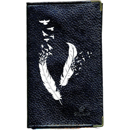 Porte Carte Grise en Cuir noir pour femme Plume blanche