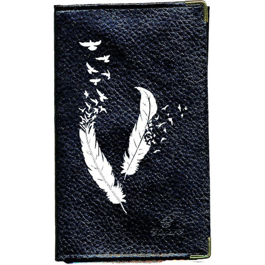 Porte Carte Grise en Cuir noir pour femme Plume blanche