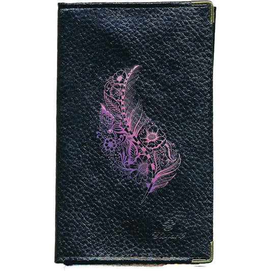 Porte Carte Grise en Cuir noir pour femme Plume Mauve fleur