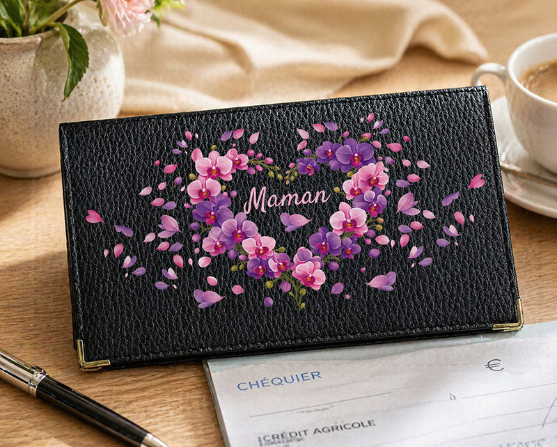 Porte chéquier et carte en cuir noir pour femme personnalisé Maman Coeur Orchidée