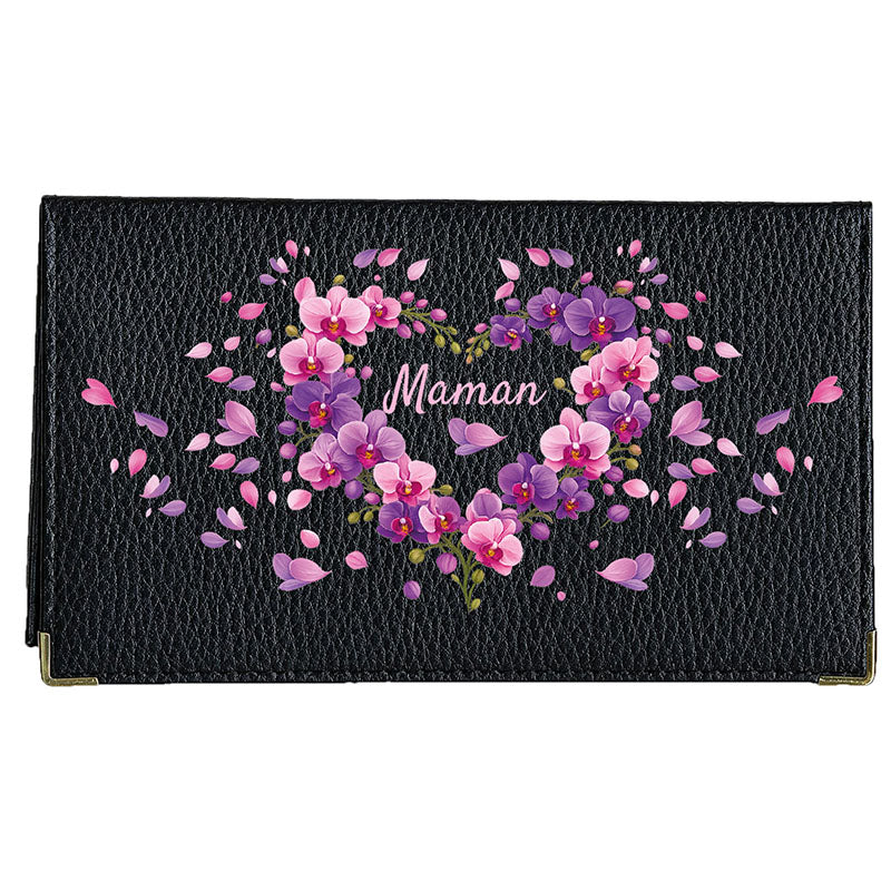 Porte chéquier et carte en cuir noir pour femme personnalisé Maman Coeur Orchidée