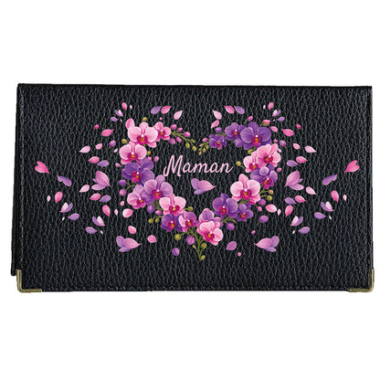 Porte chéquier et carte en cuir noir pour femme personnalisé Maman Coeur Orchidée