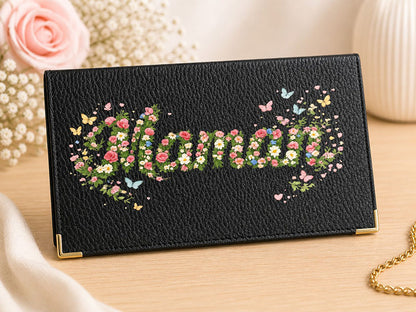 Porte chéquier et carte en cuir noir pour femme personnalisé Maman Fleurs