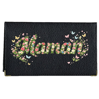Porte chéquier et carte en cuir noir pour femme personnalisé Maman Fleurs