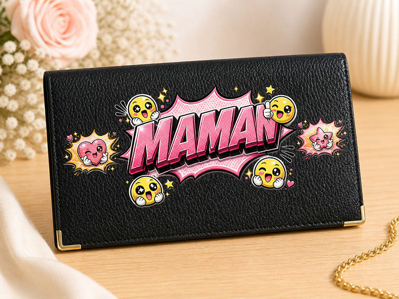 Porte chéquier et carte en cuir noir pour femme personnalisé Maman Fleurs Style BD