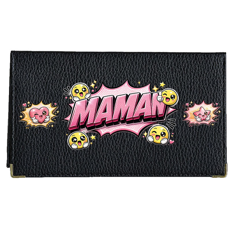 Porte chéquier et carte en cuir noir pour femme personnalisé Maman Fleurs Style BD