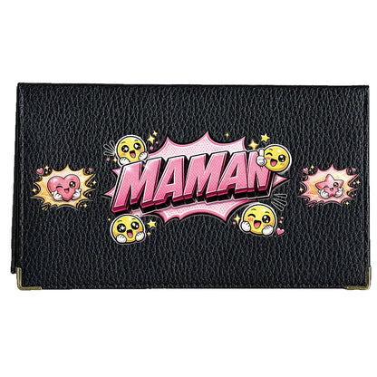 Porte chéquier et carte en cuir noir pour femme personnalisé Maman Fleurs Style BD